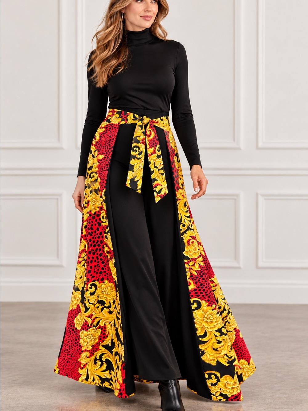 New York & Company Maxi tie Skirt with black,Red & Yellow Printed Panels
